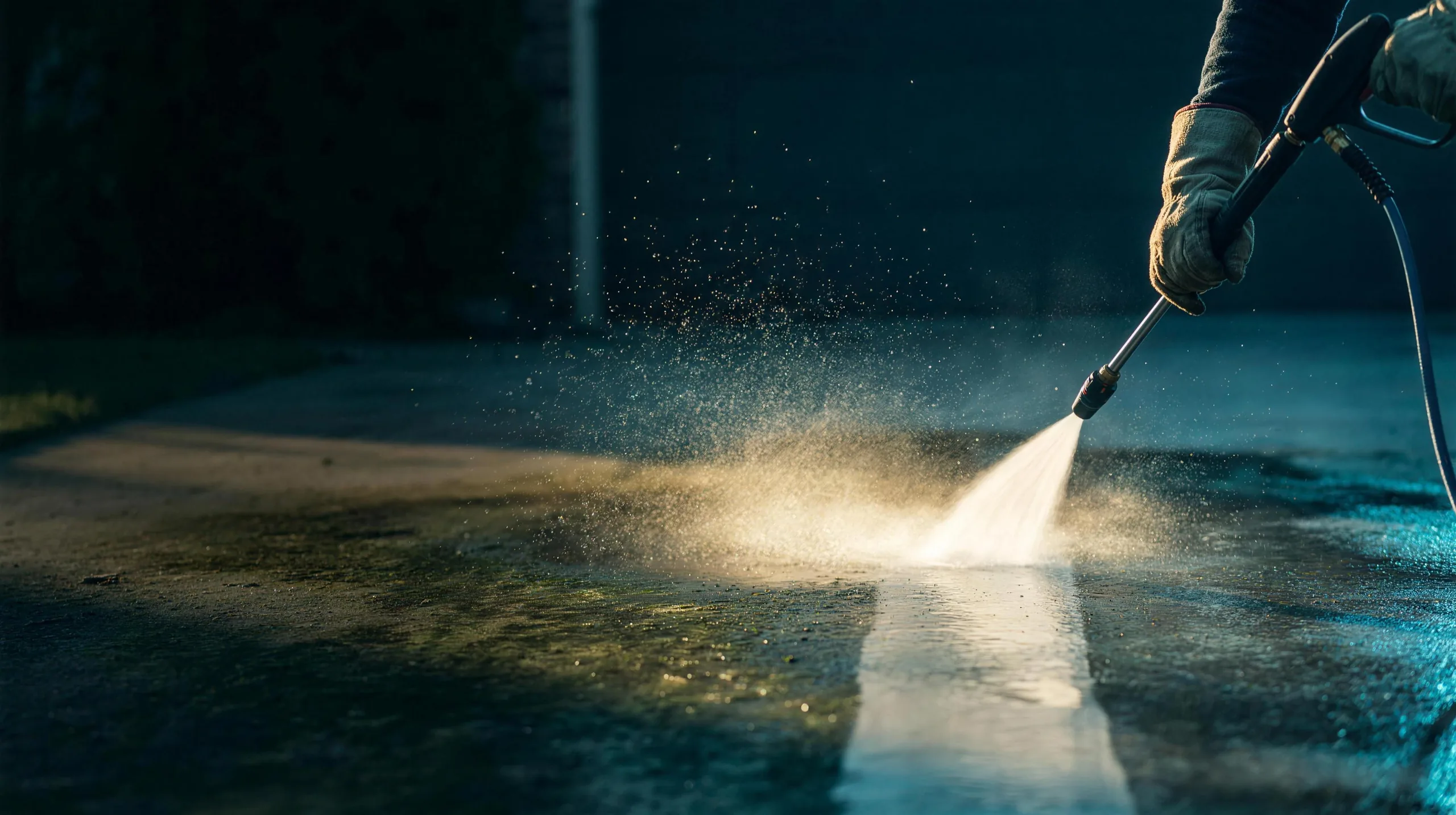 High-pressure water blasting grime from a stained concrete driveway, revealing clean concrete
